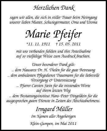 Traueranzeige von Marie Pfeifer von Odenwälder Echo