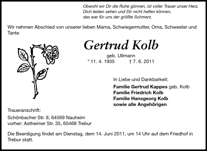  Traueranzeige für Gertrud Kolb vom 11.06.2011 aus Rüsselsheimer Echo, Groß-Gerauer-Echo, Ried Echo