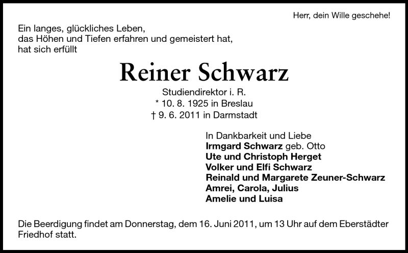 Traueranzeige für Reiner Schwarz vom 11.06.2011 aus Echo-Zeitungen (Gesamtausgabe)