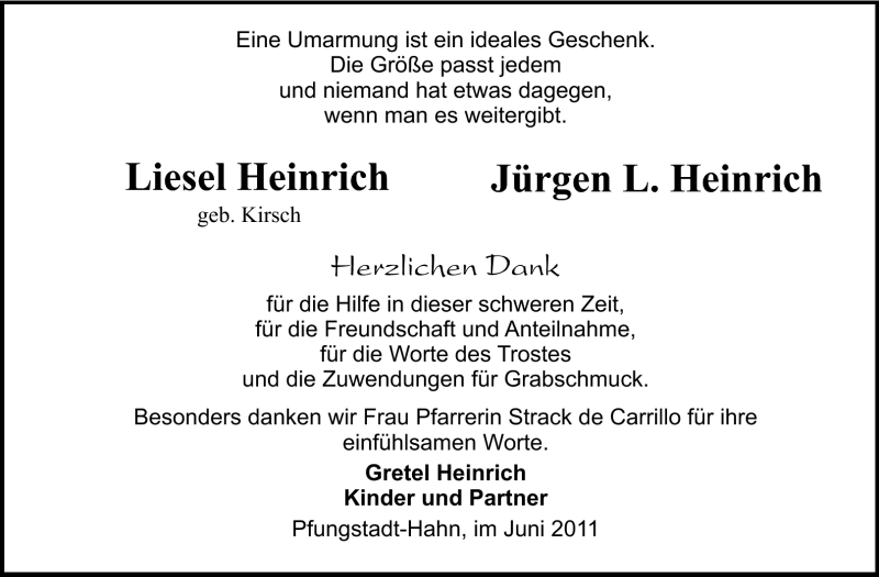  Traueranzeige für Liesel und Jürgen Heinrich vom 11.06.2011 aus Echo-Zeitungen (Gesamtausgabe)