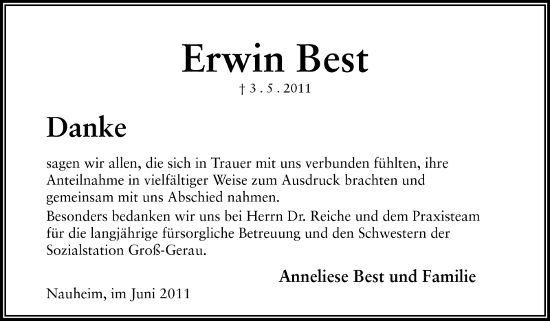  Traueranzeige für Erwin Best vom 11.06.2011 aus Rüsselsheimer Echo, Groß-Gerauer-Echo, Ried Echo