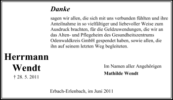 Traueranzeige von Hermann Wendt von Odenwälder Echo