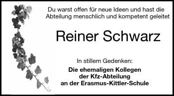 Traueranzeige von Reiner Schwarz von Echo-Zeitungen (Gesamtausgabe)