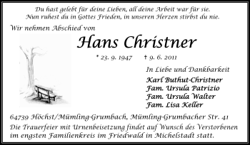 Traueranzeige von Hans Christner von Odenwälder Echo