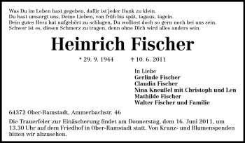 Traueranzeige von Heinrich Fischer von Darmstädter Echo, Odenwälder Echo, Rüsselsheimer Echo, Groß-Gerauer-Echo, Ried Echo
