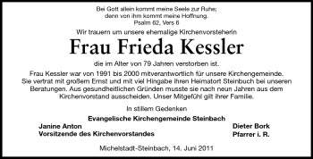 Traueranzeige von Frieda Kessler von Odenwälder Echo