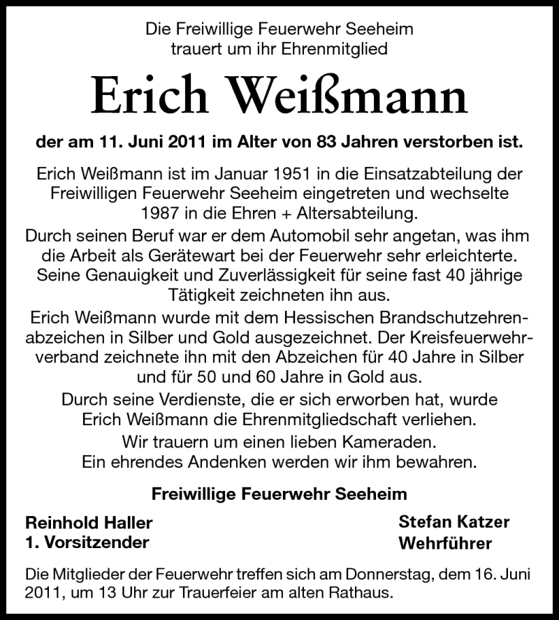  Traueranzeige für Erich Weißmann vom 14.06.2011 aus Echo-Zeitungen (Gesamtausgabe)