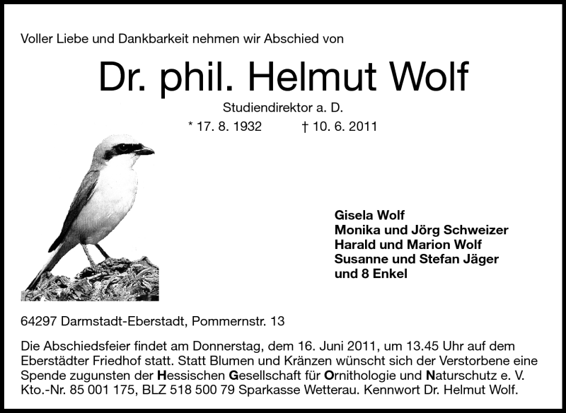  Traueranzeige für Helmut Dr. Wolf vom 14.06.2011 aus Echo-Zeitungen (Gesamtausgabe)
