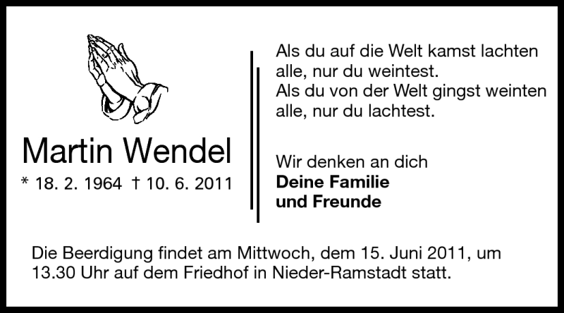  Traueranzeige für Martin Wendel vom 14.06.2011 aus Echo-Zeitungen (Gesamtausgabe)
