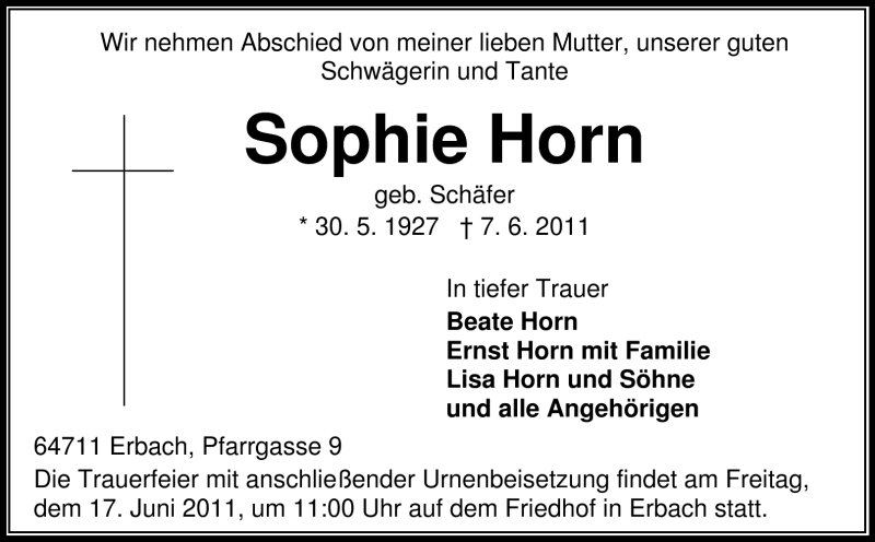  Traueranzeige für Sophie Horn vom 14.06.2011 aus Odenwälder Echo