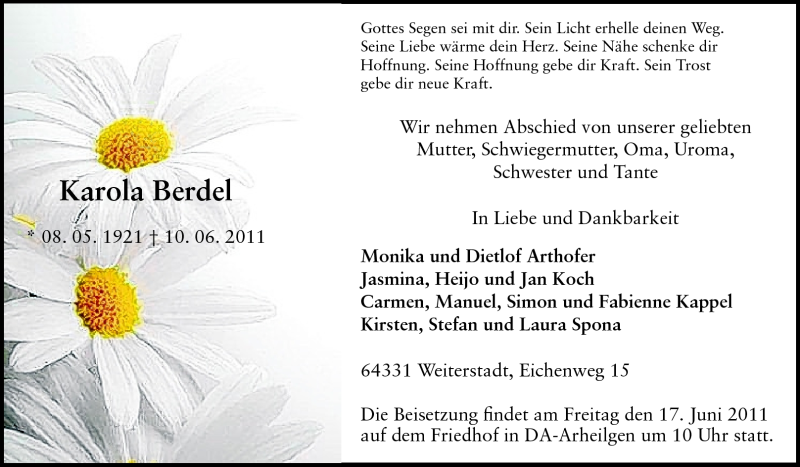  Traueranzeige für Karola Berdel vom 15.06.2011 aus Echo-Zeitungen (Gesamtausgabe)