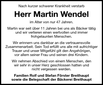 Traueranzeige von Martin Wendel von Echo-Zeitungen (Gesamtausgabe)