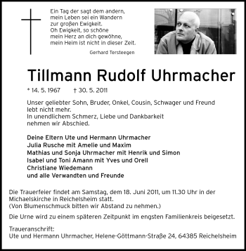 Traueranzeige von Tillmann Rudolf Uhrmacher von Echo-Zeitungen (Gesamtausgabe)