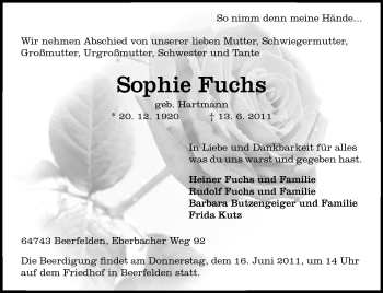 Traueranzeige von Sophie Fuchs von Odenwälder Echo