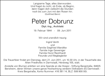 Traueranzeige von Peter Dobrunz von Echo-Zeitungen (Gesamtausgabe)