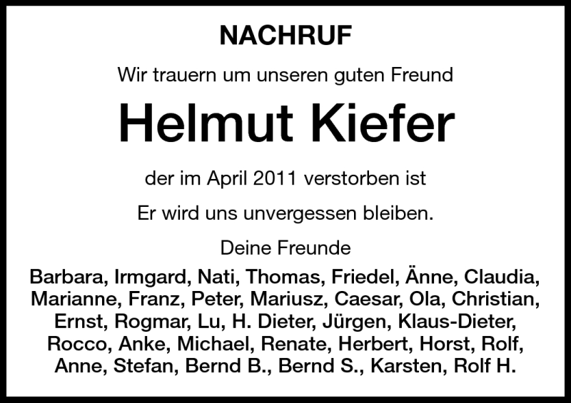  Traueranzeige für Helmut Kiefer vom 18.06.2011 aus Echo-Zeitungen (Gesamtausgabe)