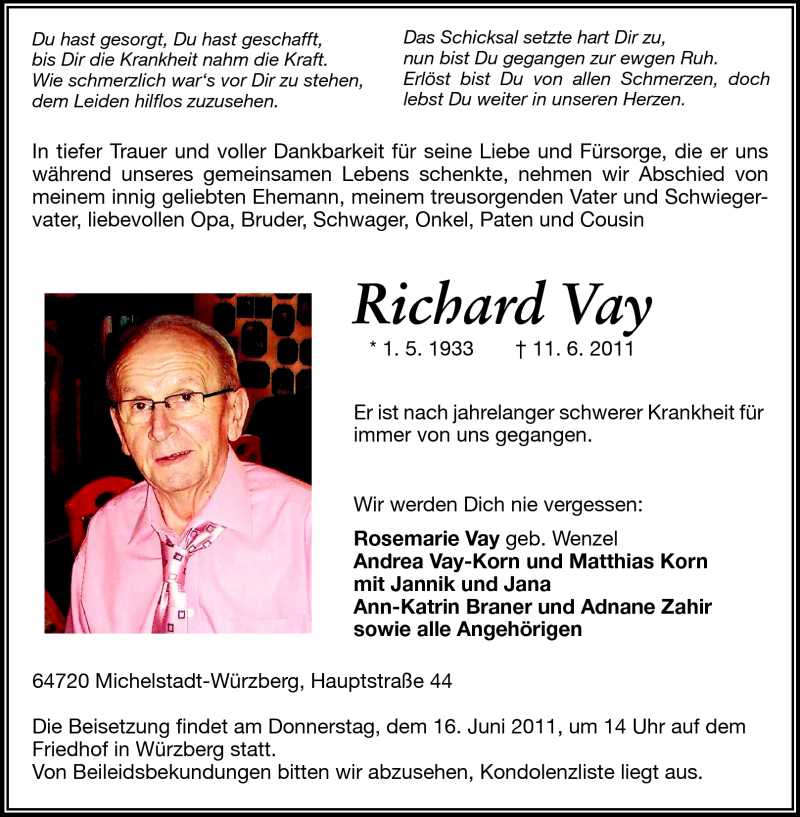  Traueranzeige für Richard Vay vom 15.06.2011 aus Odenwälder Echo