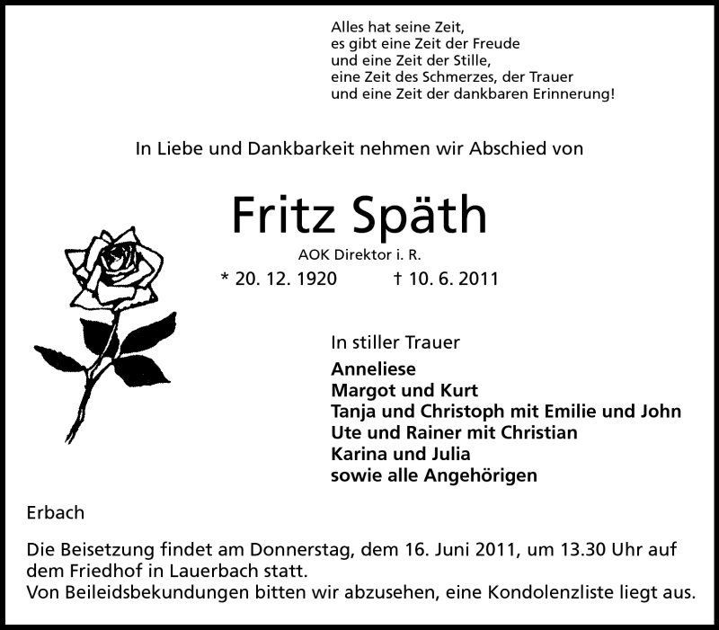  Traueranzeige für Fritz Späth vom 15.06.2011 aus Odenwälder Echo