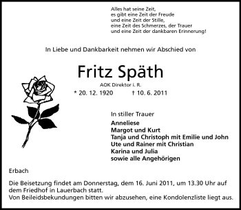Traueranzeige von Fritz Späth von Odenwälder Echo