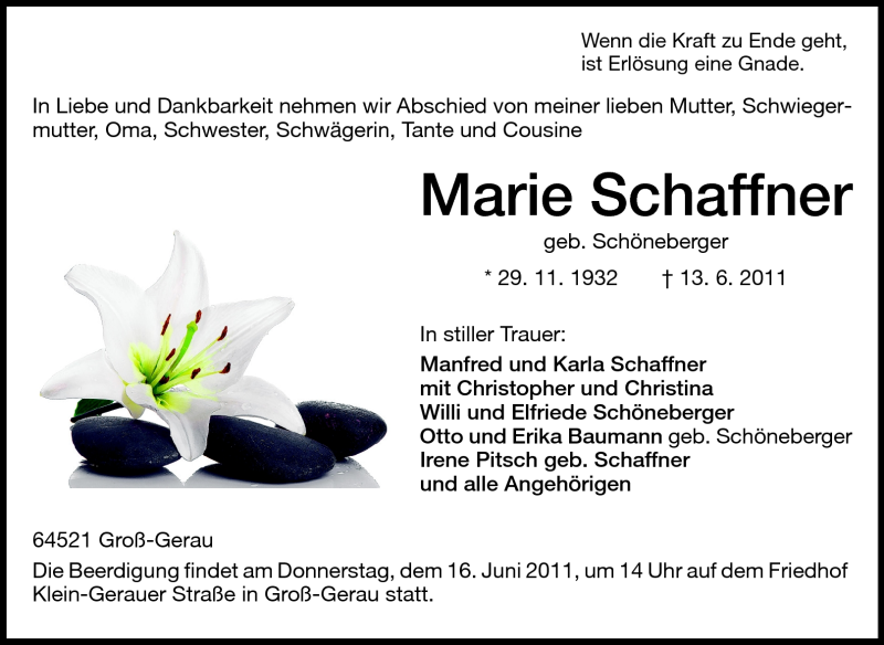  Traueranzeige für Marie Schaffner vom 15.06.2011 aus Rüsselsheimer Echo, Groß-Gerauer-Echo, Ried Echo