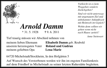 Traueranzeige von Arnold Damm von Odenwälder Echo