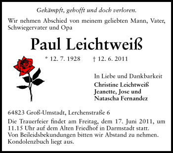 Traueranzeige von Paul Leichtweiß von Darmstädter Echo, Odenwälder Echo, Rüsselsheimer Echo, Groß-Gerauer-Echo, Ried Echo
