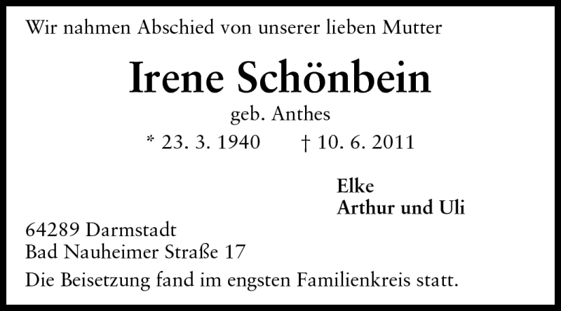  Traueranzeige für Irene Schönbein vom 25.06.2011 aus Echo-Zeitungen (Gesamtausgabe)