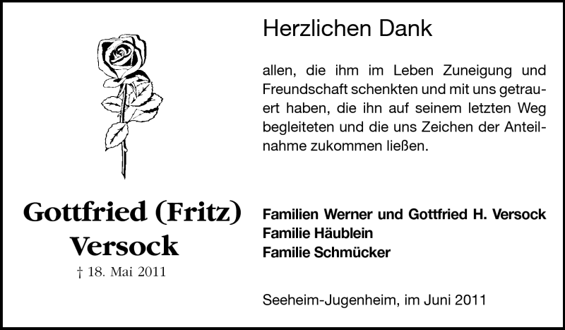  Traueranzeige für Gottfried Versock vom 18.06.2011 aus Echo-Zeitungen (Gesamtausgabe)