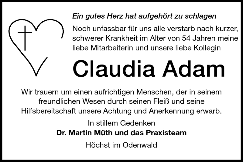  Traueranzeige für Claudia Adam vom 18.06.2011 aus Odenwälder Echo