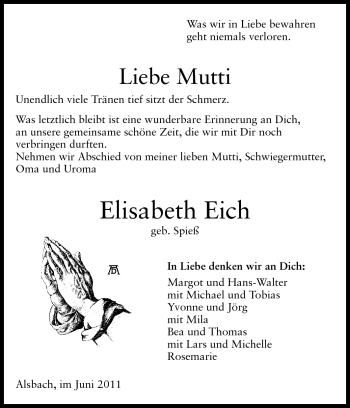Traueranzeige von Elisabeth Eich von Echo-Zeitungen (Gesamtausgabe)