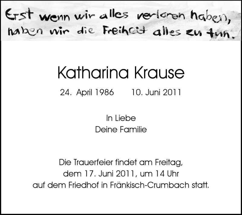  Traueranzeige für Katharina Krause vom 16.06.2011 aus Echo-Zeitungen (Gesamtausgabe)