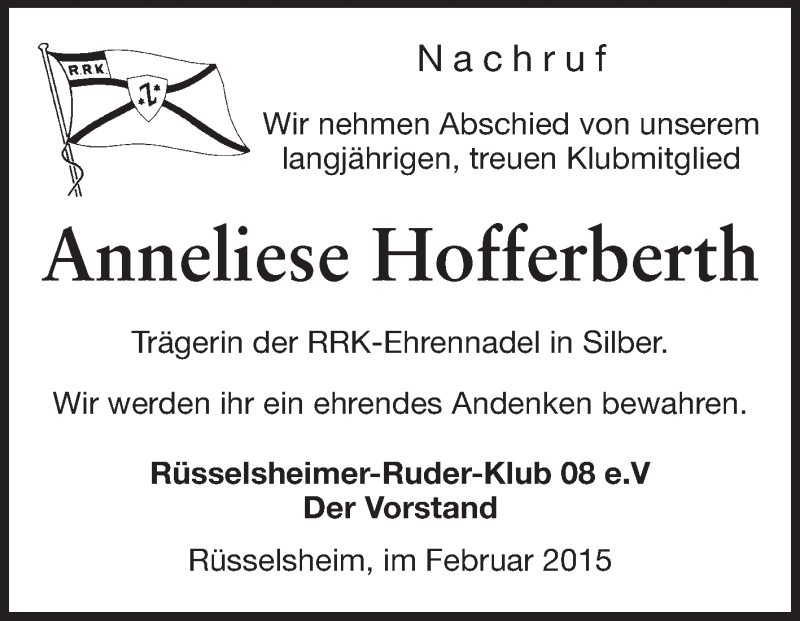  Traueranzeige für Anneliese Hofferberth vom 04.02.2015 aus Rüsselsheimer Echo, Groß-Gerauer-Echo, Ried Echo