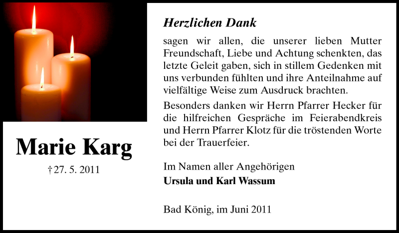  Traueranzeige für Marie Karg vom 18.06.2011 aus Odenwälder Echo
