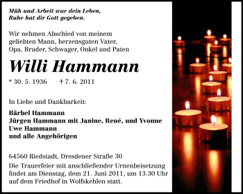 Traueranzeige von Willi Hammann von Rüsselsheimer Echo, Groß-Gerauer-Echo, Ried Echo