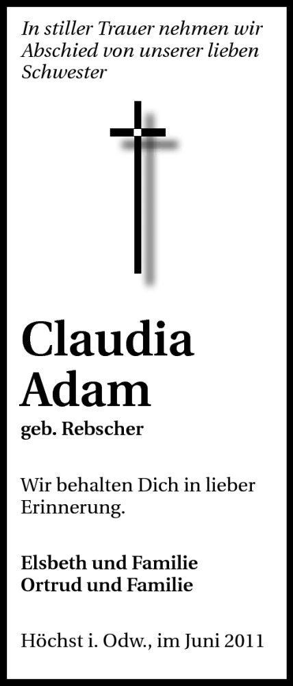  Traueranzeige für Claudia Adam vom 16.06.2011 aus Odenwälder Echo