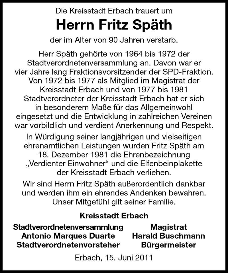  Traueranzeige für Fritz Späth vom 16.06.2011 aus Odenwälder Echo