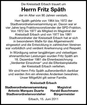 Traueranzeige von Fritz Späth von Odenwälder Echo