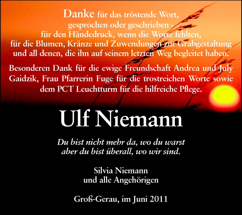  Traueranzeige für Ulf Niemann vom 18.06.2011 aus Rüsselsheimer Echo, Groß-Gerauer-Echo, Ried Echo