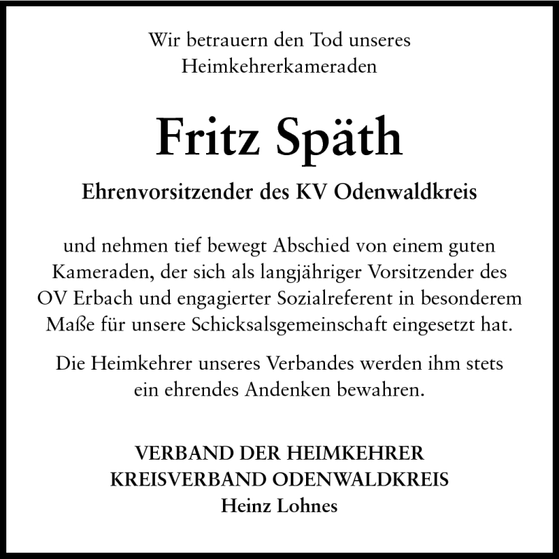  Traueranzeige für Fritz Späth vom 16.06.2011 aus Odenwälder Echo