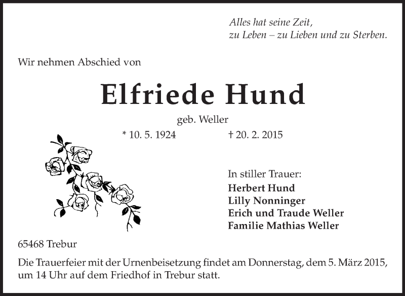  Traueranzeige für Elfriede Hund vom 02.03.2015 aus Rüsselsheimer Echo, Groß-Gerauer-Echo, Ried Echo