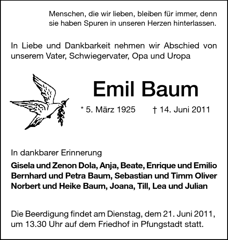  Traueranzeige für Emil Baum vom 18.06.2011 aus Echo-Zeitungen (Gesamtausgabe)