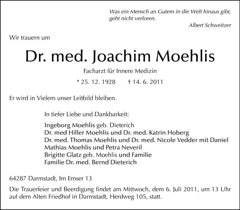  Traueranzeige für Joachim Moehlis vom 18.06.2011 aus Echo-Zeitungen (Gesamtausgabe)