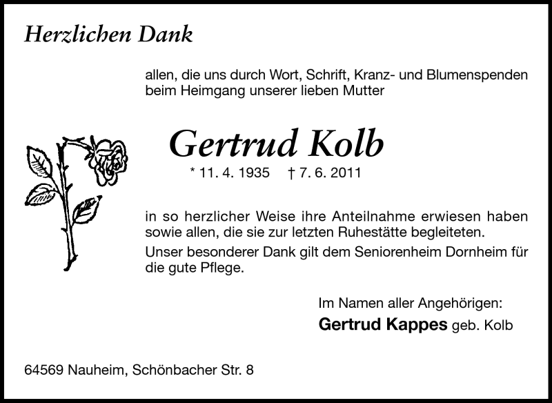  Traueranzeige für Gertrud Kolb vom 24.06.2011 aus Rüsselsheimer Echo, Groß-Gerauer-Echo, Ried Echo