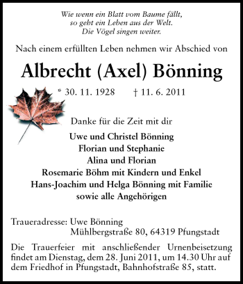 Traueranzeige von Albrecht Bönning von Echo-Zeitungen (Gesamtausgabe)
