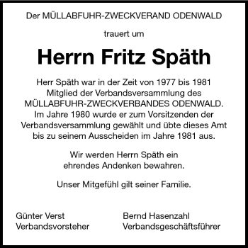 Traueranzeige von Fritz Späth von Odenwälder Echo