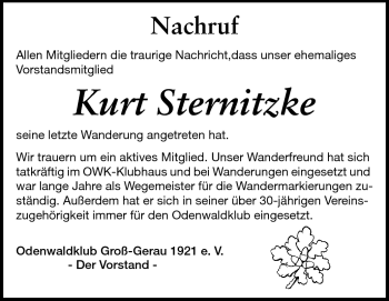 Traueranzeige von Kurt Sternitzke von Rüsselsheimer Echo, Groß-Gerauer-Echo, Ried Echo