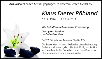 Traueranzeige von Klaus Dieter Pöhland von Rüsselsheimer Echo, Groß-Gerauer-Echo, Ried Echo