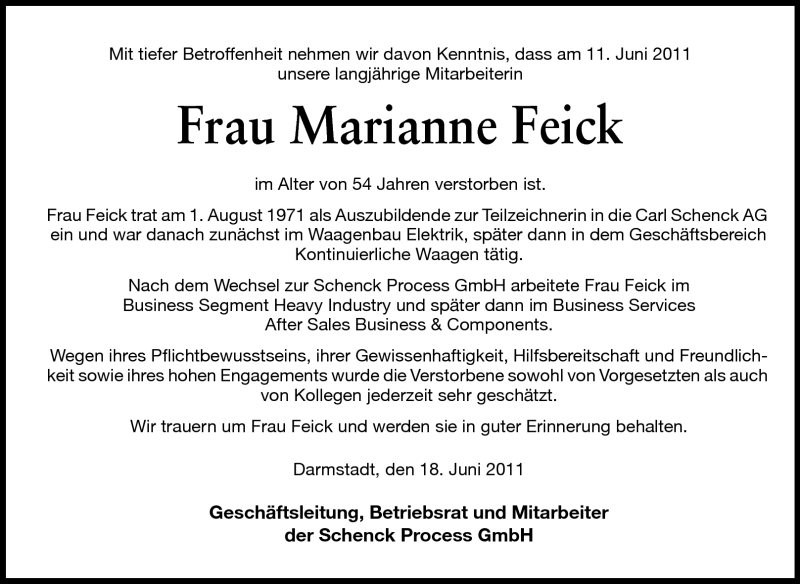  Traueranzeige für Marianne Feick vom 18.06.2011 aus Echo-Zeitungen (Gesamtausgabe)