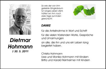 Traueranzeige von Dietmar Hohmann von Rüsselsheimer Echo, Groß-Gerauer-Echo, Ried Echo