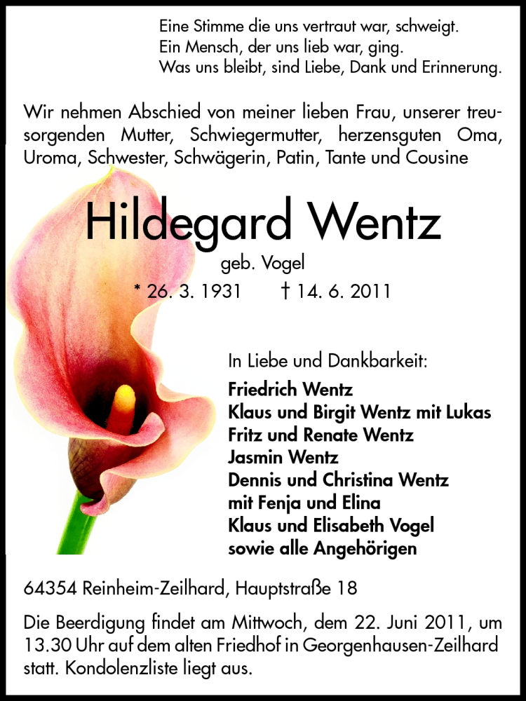  Traueranzeige für Hildegard Wentz vom 18.06.2011 aus Echo-Zeitungen (Gesamtausgabe)
